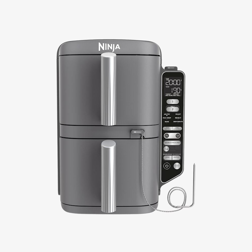 Sort airfryer fra Ninja med to skuffer stablet over hverandre
