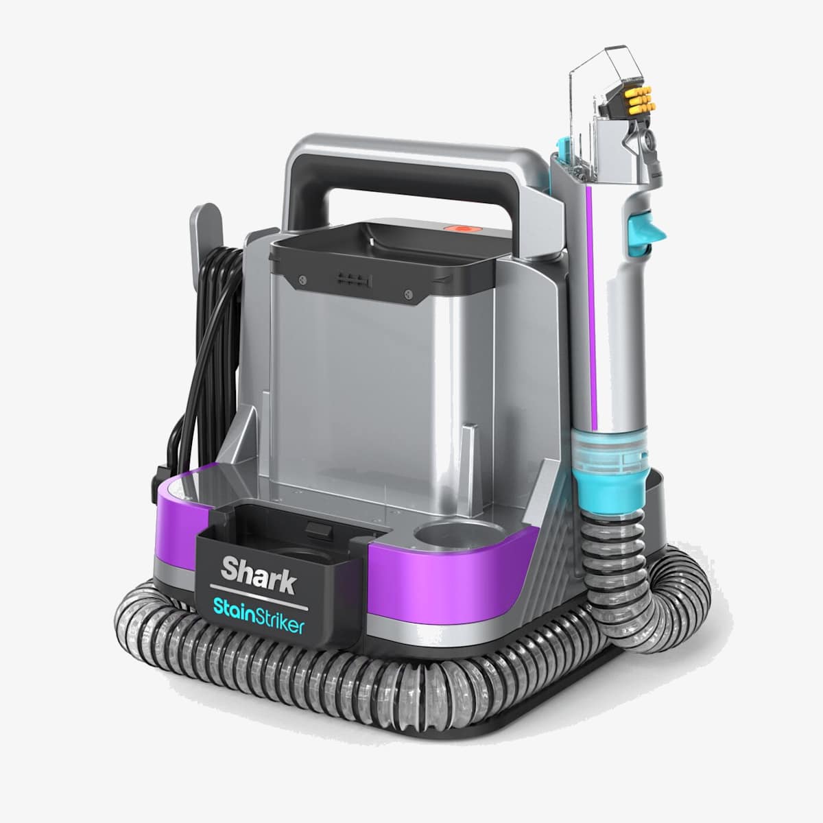 Unité principale du Shark StainStriker HairPro Pet, avec tuyau intégré et suceur plat, parfait pour éliminer la saleté, les débris et les poils d’animaux dans les zones difficiles d’accès et les recoins