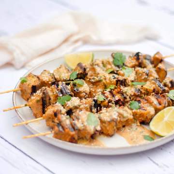 Grilled Aubergine Almond, Coconut and Sesame Satay Skewers