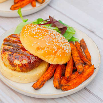 Chicken Italia Burgers Stuffed with Pesto Mozzarella & Sweet Potato Fries