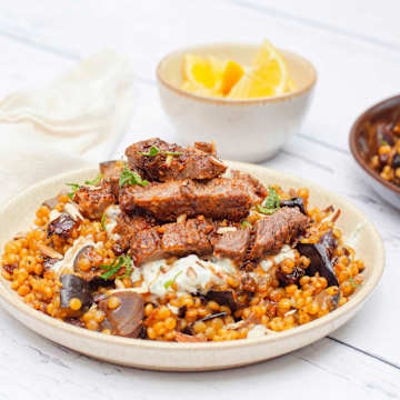 Moroccan Spiced Steak with Giant Cous Cous