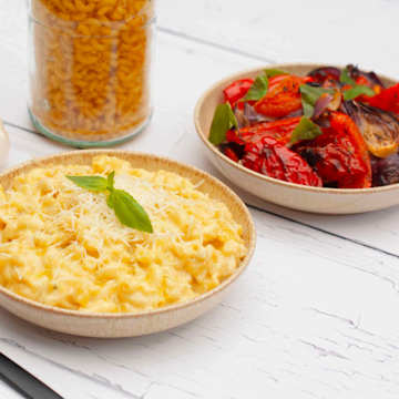 Gluten Free Mac 'N' Cheese with Roasted Tomatoes, Onions and Peppers