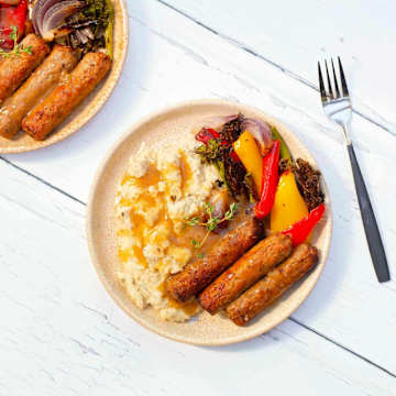 Veggie Bangers with Butter Bean Herby Mash