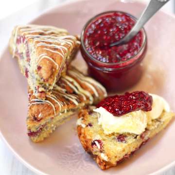 Raspberry & White Chocolate Scones with Raspberry Compote