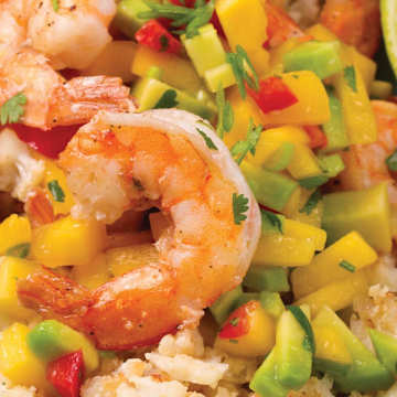 Blackened Shrimp and Rice Bowls with Mango-Pineapple Salsa