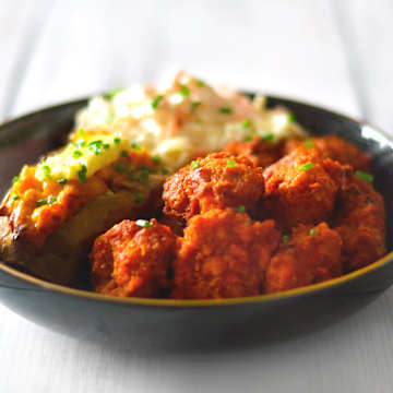 Cauliflower Bites & Sweet Potatoes with Ranch Slaw