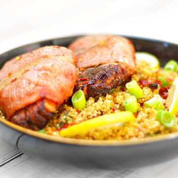 Bacon-Wrapped Pork Chops with Quinoa