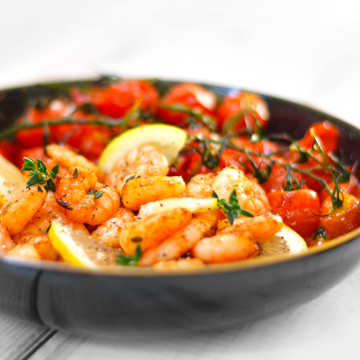 Garlic Prawns & Blistered Rosemary Tomatoes