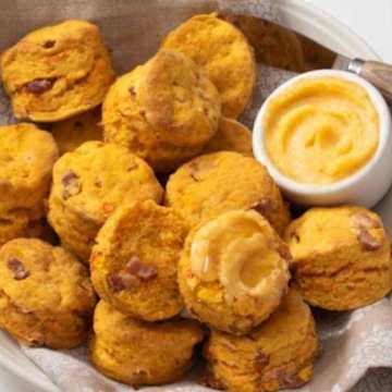 Bacon and Sweet Potato Biscuits with Hot Pepper Honey Butter