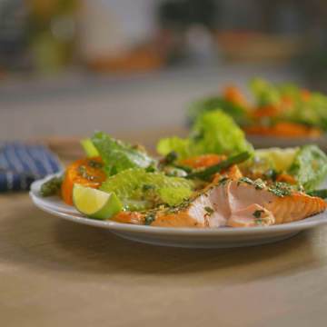 Salmon with Asian Pesto, Roasted Butternut Squash & Asparagus Salad