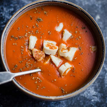 Spiced Tomato, Lentil & Carrot Soup with Halloumi Croutons