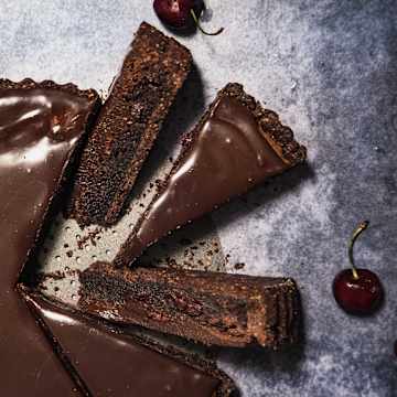 Chocolate Brownie Tart with Cherries & Chocolate Sauce