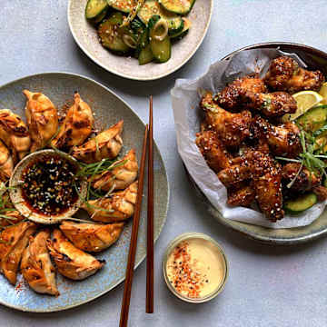 Miso, Honey, & Brown Butter Wings and Crispy Pork Gyoza