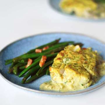 Cod with Mustard Cream, Beans & Bacon