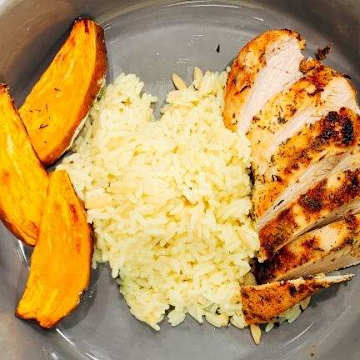 Rotisserie-spiced Chicken Breast, Sweet Potato Wedges, & Rice Pilaf