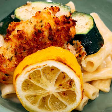 Chicken Tenders with Zucchini & Rigatoni Alfredo