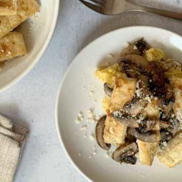 Crispy Tofu with Cheesy Mushroom Polenta