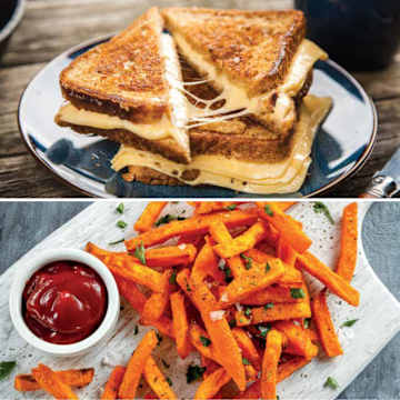 Fromage grill au four avec des frites de patates douces