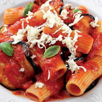 Italian Seasoned Eggplant Cutlets with Cherry Tomatoes, Pasta, and Tomato Sauce