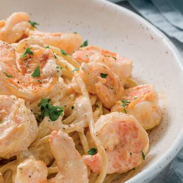 Italian Seasoned Shrimp with Zucchini, Pasta, and Creamy Alfredo