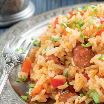 Sausages with Peppers and Rice Pilaf