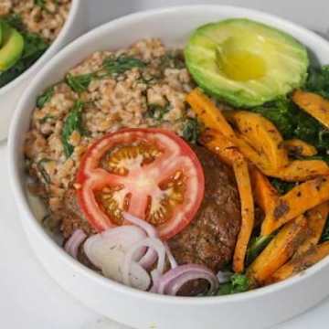 Vegan Burger Bowl with Herbed Sweet Potatoes & Mustardy Farro