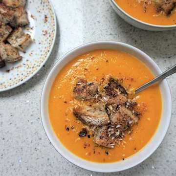 Sweet Potato Soup with Toasted Coconut & Croutons