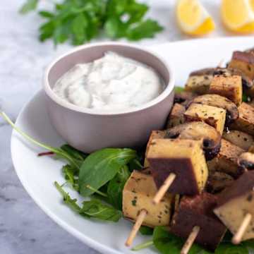 Mushroom and Smoked Tofu Skewers with Citrus Aioli