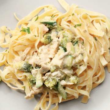 Herbs de Provence Seasoned Chicken Breasts (frozen) with Asparagus, Whole-wheat Pasta & Creamy Alfredo