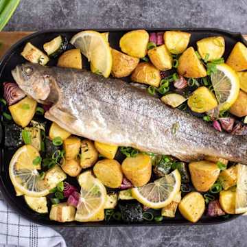 Trout with Baby Potatoes, Red Onion and Courgette