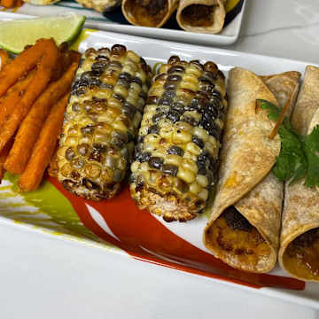 Beef Taquitos, Sweet Potato Fries, and Chili Lime Corn on the Cob