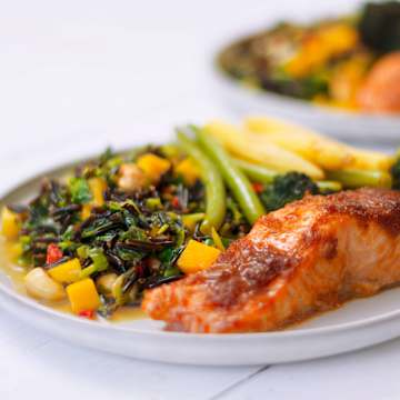 Coconut & Mango Wild Rice Salad with Steamed Salmon & Vegetables