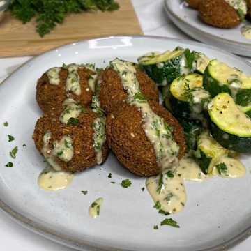 Falafel with Parmesan Zucchini Bites and Tahini Sauce