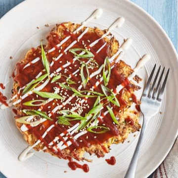 Okonomiyaki with BBQ Sauce, Sriracha, and Mayonnaise