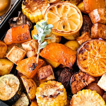 Holiday Ginger Miso Glazed Vegetable Sheet Pan Dinner with Tofu