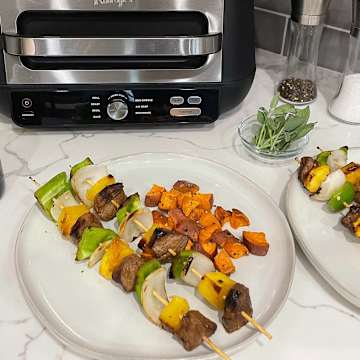 Beef Teriyaki, Pineapple, and Veggie Kabobs with Sesame Roasted Sweet Potatoes