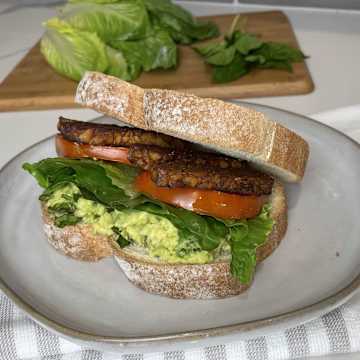 Tempeh Bacon and Roasted Tomatoes for BLTs with Avocado Basil Spread