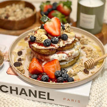 Blender Oat Pancakes Layered with Greek Yoghurt & Raspberry Coulis