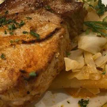 Brined Double Cut Pork Chops With Roasted Apples and Cabbage