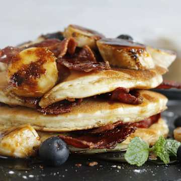 American Pancakes, Crispy Bacon, Candied Banana & Maple Syrup