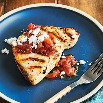 Grilled Swordfish With Grilled Tomato And Feta Salad