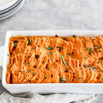 Hasselback Sweet Potatoes with a Red Pepper Sauce
