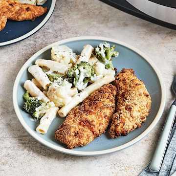 Butter Cracker Chicken Tenders With Creamy Pasta, Broccoli, and Cauliflower