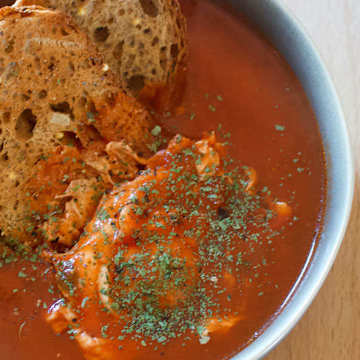 Portuguese Tomato Soup with Poached Eggs