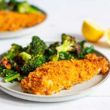 Cornflake Crusted Salmon and Lemon Cardamom Veg