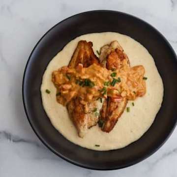 Blackened Catfish with Smoked Gouda Grits & Creamy Tasso Sauce