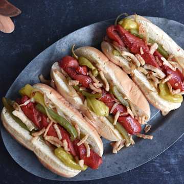 Spiral Hot Dogs with Peppers & Onions