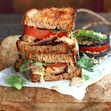Spelt Bread with Grilled Eggplant, Cilantro & Tahini Sauce