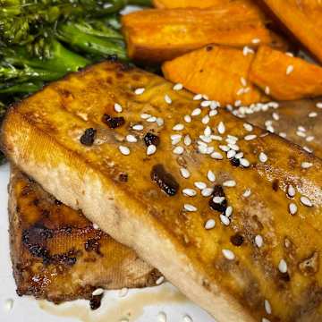 Teriyaki Glazed Tofu with Sesame Broccolini and Sweet Potato Fries