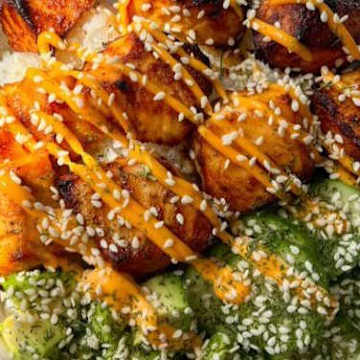 Honey Dijon Salmon Rice Bowl with Spicy Mayo